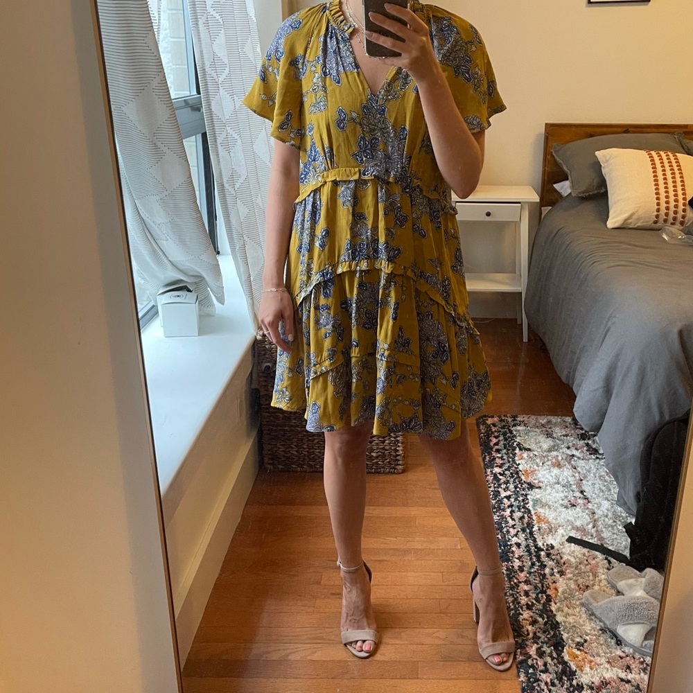 Anthropologie Mustard and Navy Paisley Dress